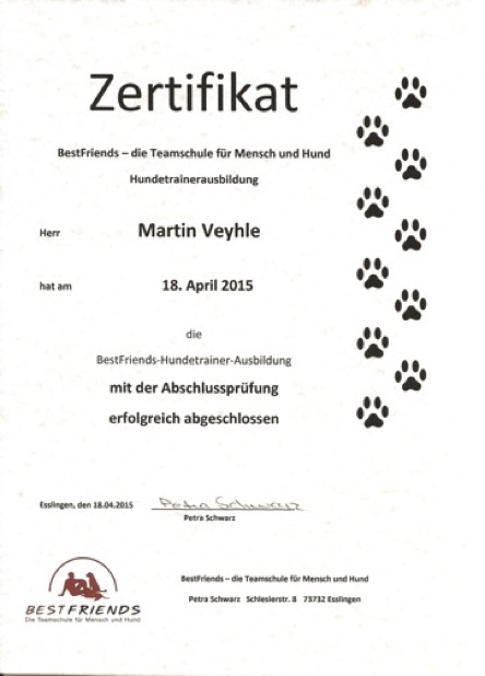 Zertifikat Hundetrainerausbildung